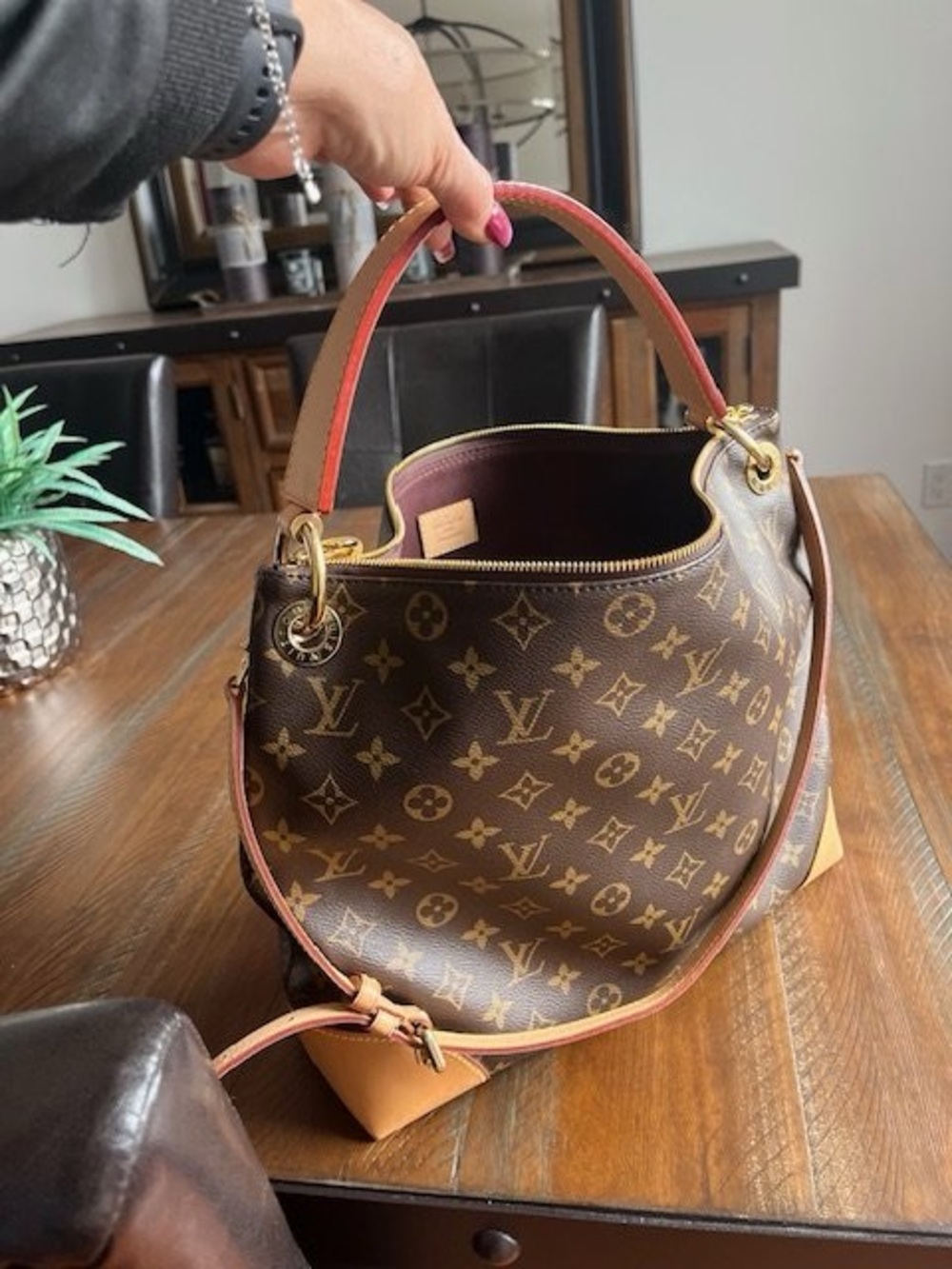 Louis Vuitton Brown Monogram Canvas Shoulder Hobo with Red-Trim Handle
